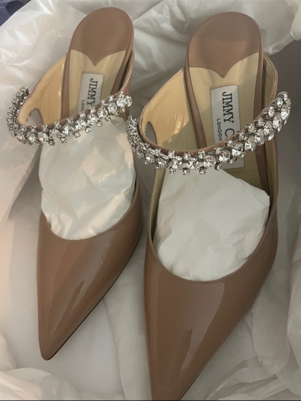 Jimmy Choo Nude Patent Pointed-Toe Mules with Crystal Strap